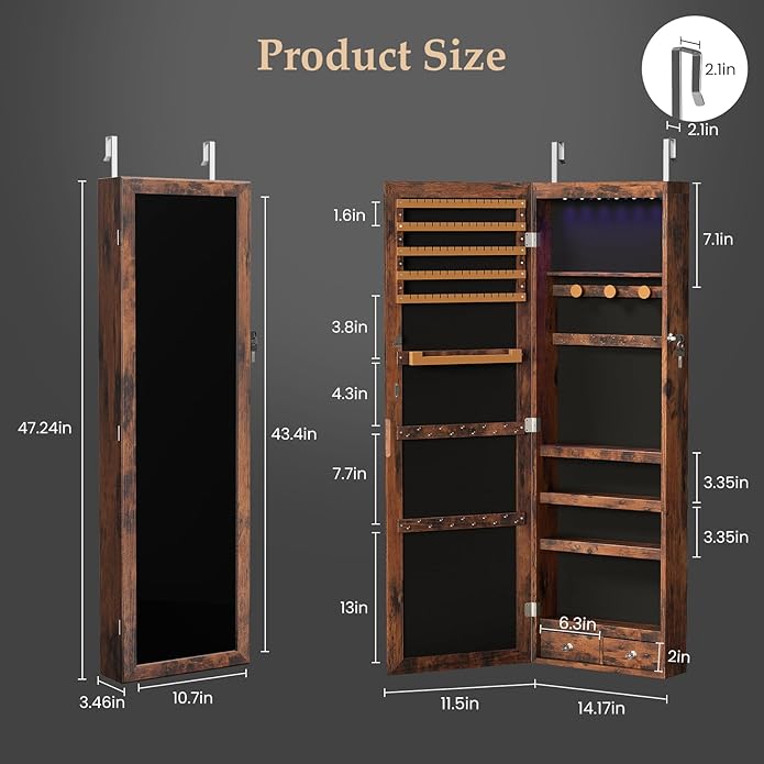 DUMOS 6 LEDs Mirror Jewelry Cabinet, Wall or Door Mounted Jewelry Organizer, 47.2-Inch Tall Lockable Large Capacity Cosmetic Storage, Gift Idea