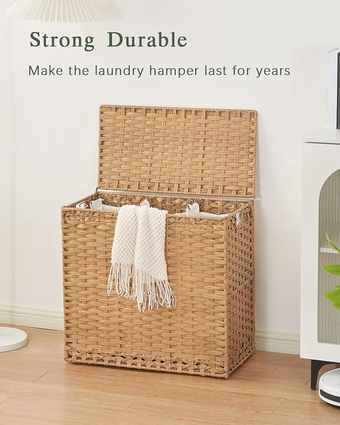 SETVSON Laundry Hamper with Lid Laundry Basket 132 L (35 Gal) Wicker Clothes Hamper, Handwoven Rattan Hamper with Handles and 4 Removable Liner Bags, 6 Mesh Bags for Laundry Bedroom Natural