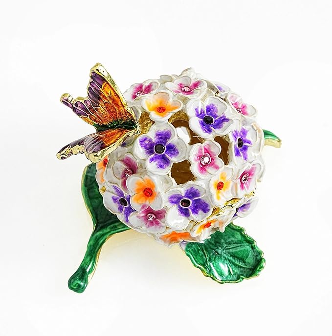 YU FENG Enamel Butterfly Trinket Box Jewelry Organizer, Decorative Hinged Keepsake Box – Butterfly with Floral Ball Design