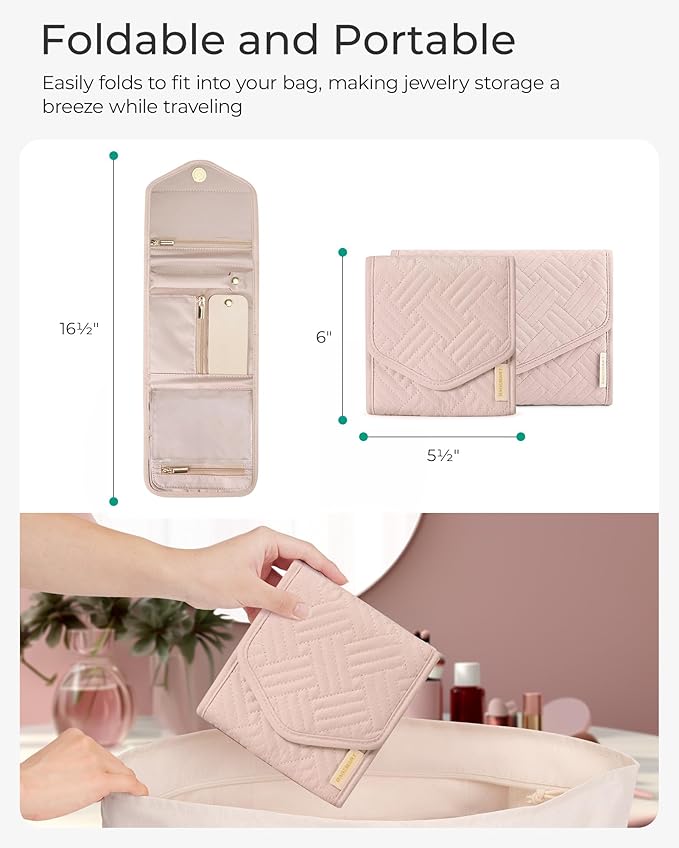 BAGSMART Travel Jewelry Organizer Case Foldable Small Jewelry Roll for Journey Rings, Necklaces, Earrings, Bracelets,Mini,Soft Pink (Pack of 2)