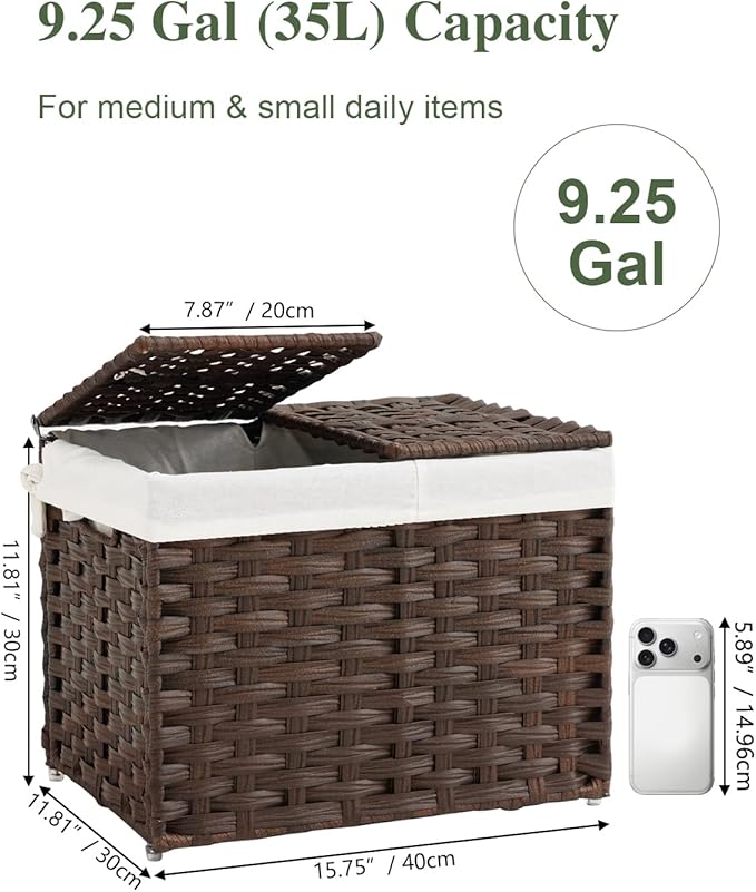 SETVSON Storage Basket with Lid Woven Wicker Baskets with 2 Separate Lid, 9.2 Gallon (35 L) Wicker Storage Bins with Handles, Foldable and 2 Removable Liner Bags for Bedroom, Laundry Room Brown