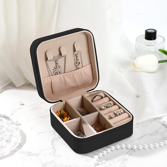 Skull Sugar Flowers Black Jewelry Box Portable Travel Jewelry Case Jewellery Organizer Storage Travel Essentials Earrings Box Ring Case Halloween Gifts for Women Girlboo Basket Stuffers