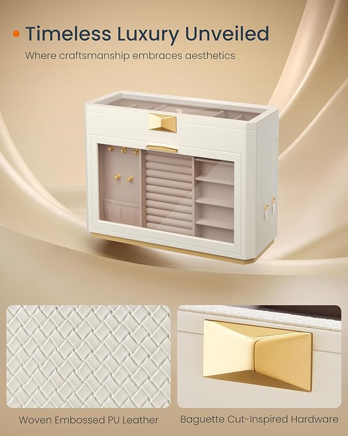 SONGMICS HOME Large Jewelry Box, Vertical Jewelry Organizer with Glass Windows, Jewelry Pouch, 4 Side Drawers, Woven Embossed PU Leather, Gift Idea, Cloud White UJBC203W01