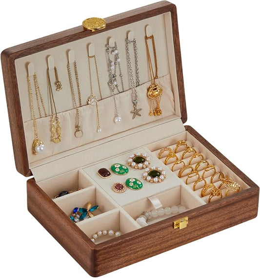 Travel Jewelry Case Small Wood Jewelry Organizer Jewelry Box for Women (Single Nut-Brown A)