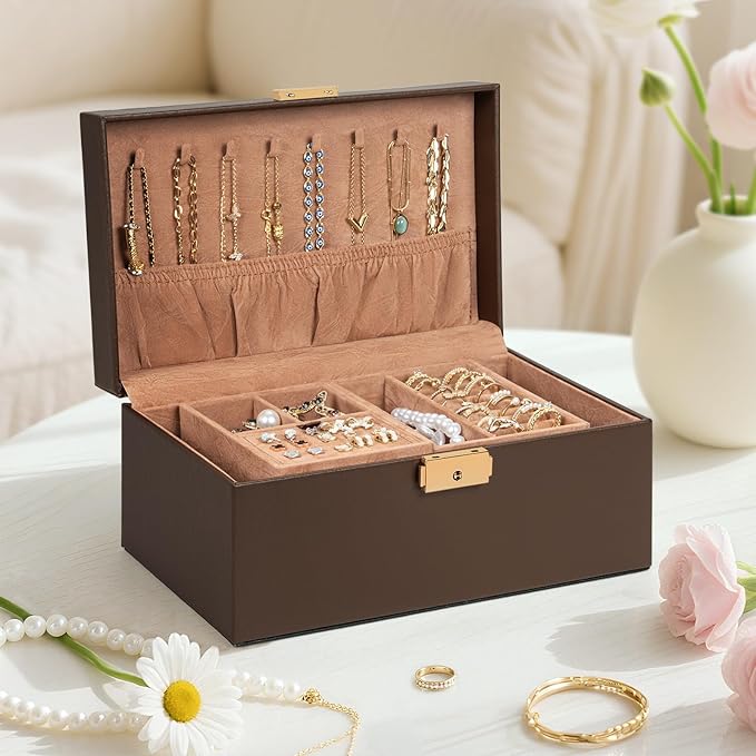 AKOZLIN Travel Jewelry Box Organizer Functional 2-trays Leather Jewelry Storage Case with Lockable Portable for Women Girls Ring Necklace Earring Bracelet