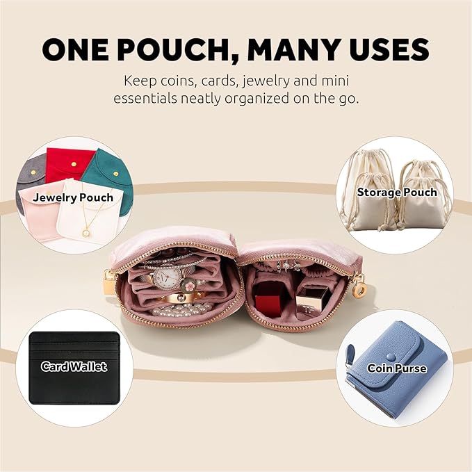 Small Travel Jewelry Case Set 2-in-1 Detachable Velvet Pouches, Portable Jewelry Organizer Bag for Rings Earrings Bracelets, Gift Box for Women (Blush Pink)