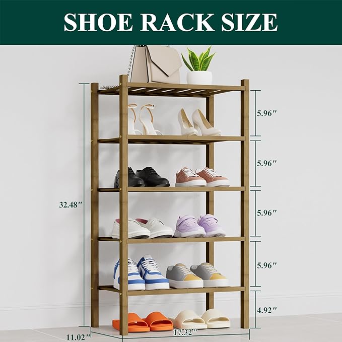 Smiry Shoe Rack, 5 Tier Thick Small Bamboo Shoe Organizer, Stackable Free Standing Wooden Shoe Storage Shelf for Closet, Entryway, Front Door Entrance, Walnut