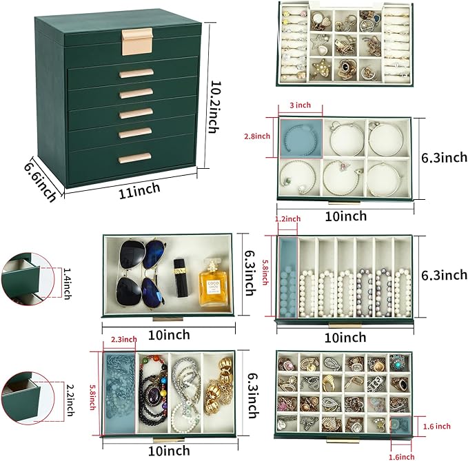 BOOVO Jewelry Boxes for Women, White and Black 6 Layer Large Jewelry Box for Necklace, Bracelet, Earrings, Rings Storage, Jewelry holder Organizer for Girls Gift (Green and Gold, 6 layer)