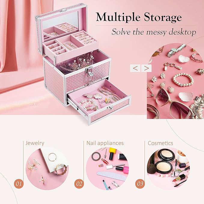 Hododou Girls Jewelry Box Organizer with Drawer & Mirror, Shiny Pink Style Lockable Storage Case for Kid or Little Girls Jewelry and Hair Accessories