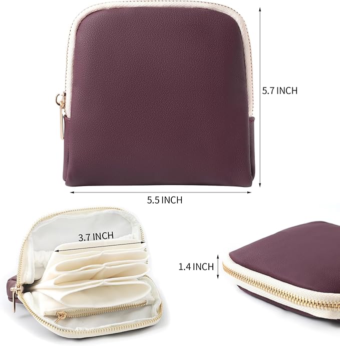 Genuine Leather Travel Jewelry Organizer Case Pouch Bags with Zipper, Small Mini Portable Jewelry Storage Bag for Ring Earrings Necklace Bracelet Travel Essentials Gift for Women（Burgundy）