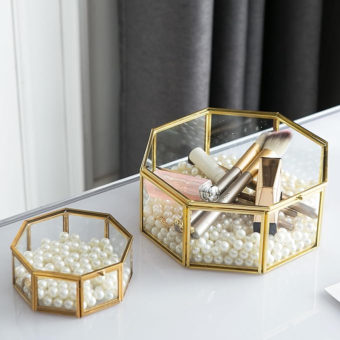 Glass Vintage Jewelry Box, Geometric Jewelry Display Organizer Box Vanity Lidded Box Home Decor Accent Decorative Box for Storage Trinket Rings Bracelet