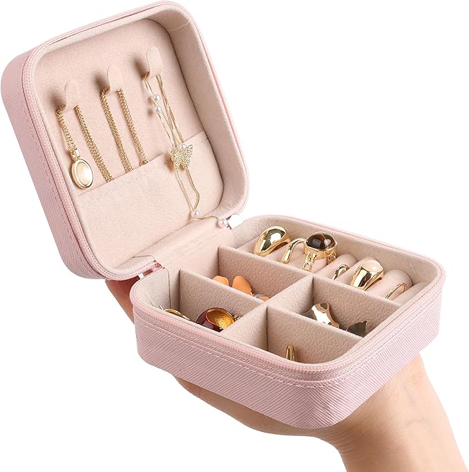 OceeK Travel Jewelry Case Box Organizer,PU Leather Small Jewelry Box,Portable Travel Jewelry Storage Case,Pink,1 Pack