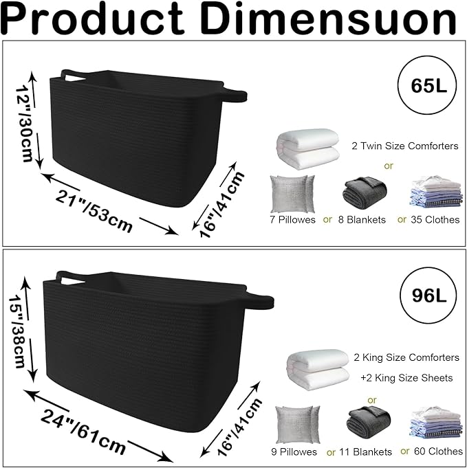 96L Large Blanket Basket,24"x16"x15"Rectangle Storage Bin with Handles,Woven Rope Laundry Basket for Toys, Clothes,Magazines,Home Organization,Nursery,Living Room & Bedroom,Black