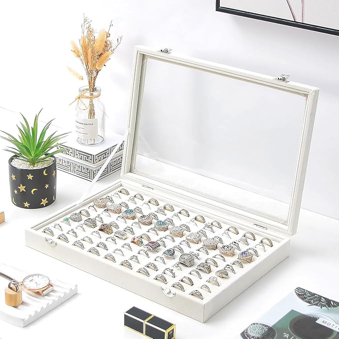 Ring Display Case, Jewelry Organizer Box, Earring Holder for Girls, Velvet Display Tray (Beige, 100 Slots)