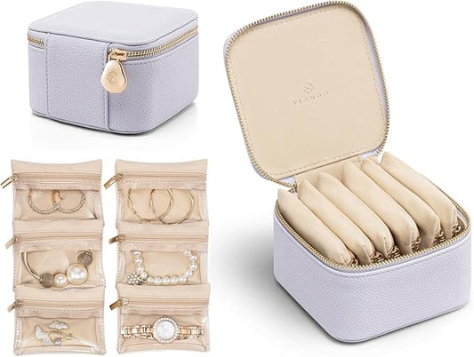 VLANDO Travel Jewelry Box Organizer – Portable PU Leather Jewelry Case with 6/8/12 Zippered Pouches, Compact Storage for Earrings Rings Necklaces Bracelets, Lilac Purple