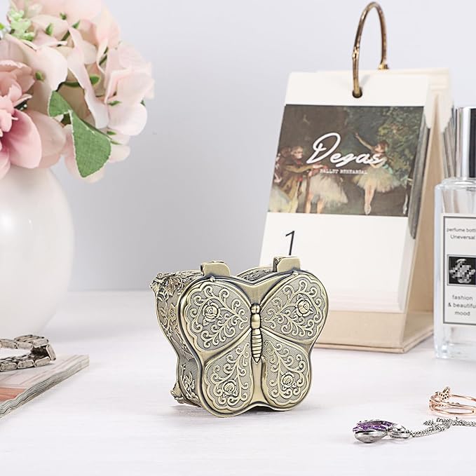 Hipiwe Butterfly Shape Jewelry Organizer Box Vintage Metal Jewelry Trinket Box Small Treasure Chest Ring Holder Earrings Necklace Storage Box Keepsake Box, Bronze