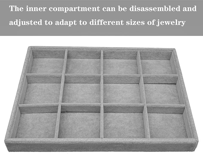 Large Velvet Jewelry Tray, Drawer Organizer for Jewelry in Dresser, Stackable Jewelry Drawer Organizer Inserts for Earring Necklace Bracelet Rings(Grey,12grid)