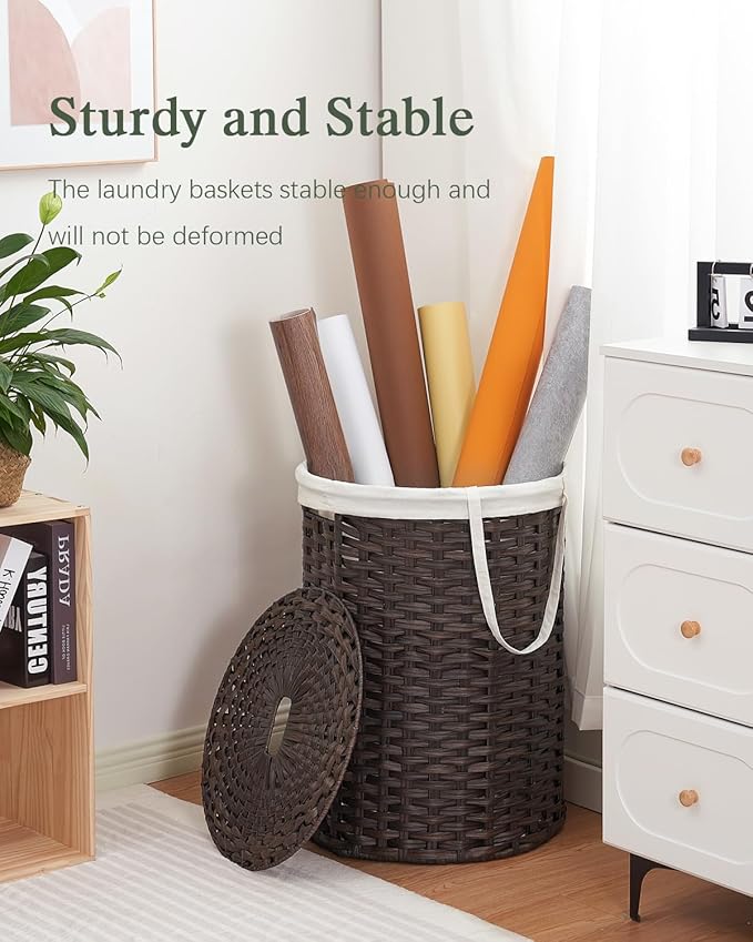 SETVSON Laundry Basket with Lid Round Rattan Laundry Hamper with Lid and Handles 29.1 Gal (110 L) Handwoven Woven Basket with Removable Bags and 2 Mesh Bags for Bathroom Living Room Brown