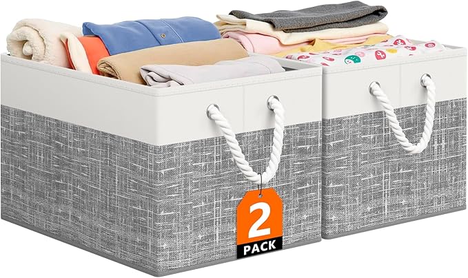 StorageTastic Storage Bin,Collapsible Storage Basket For Organizing,Large Storage Boxes With Rope Handles,Storage Containers,White & Grey,2 Pack