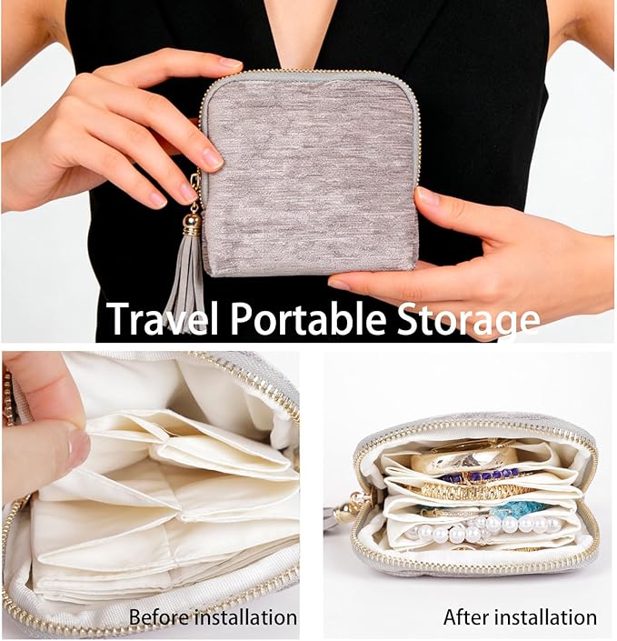 ASINGYER Travel Jewelry Storage Bag for Women, Velvet Portable Jewelry Organizer with Tassel Zipper, Small Pouches for Bracelets Necklaces Rings Earrings, Wedding Gift for Women (silver)