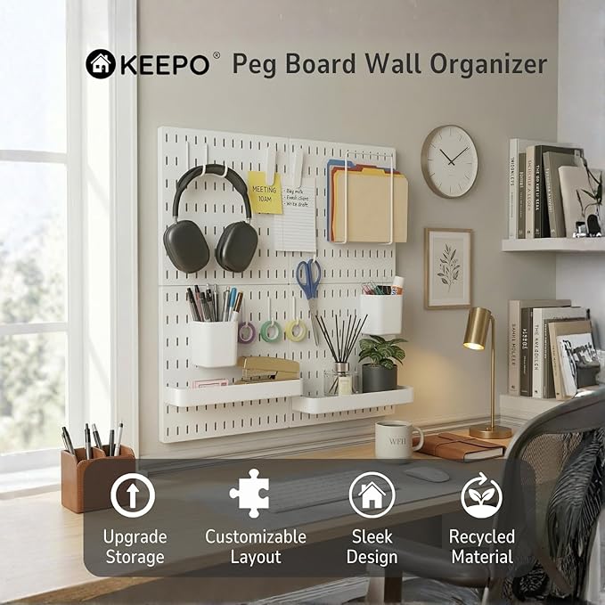 Keepo Peg Board Wall Organizer – Plastic Pegboard Panels, Modular Peg Board Storage System for Home Office, Craft Room, Gaming Setup (White, 22″×22″)