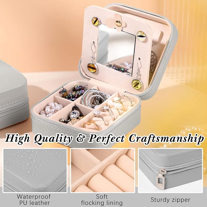 Hillban Bridesmaid Gifts Jewelry Box with Mirror, PU Leather Small Travel Jewelry Case Organizer Storage for Women Girls