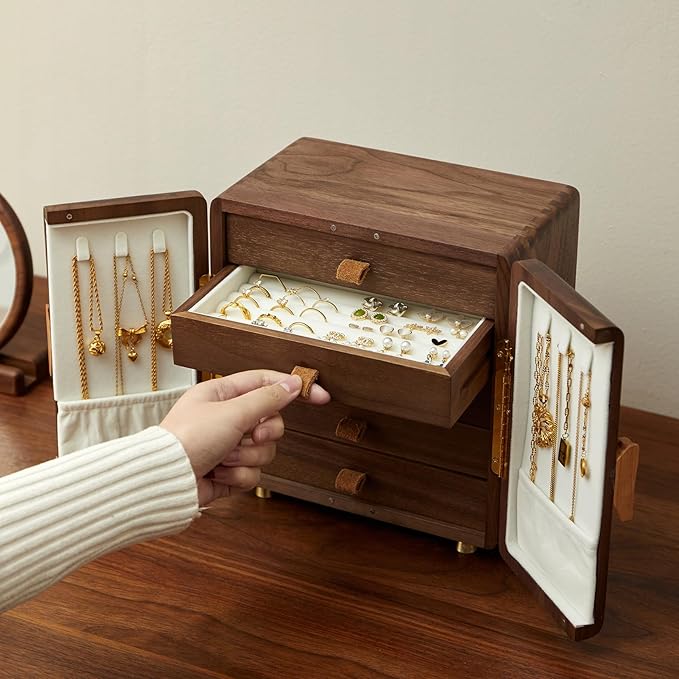 Solid Black Walnut Wood Jewelry Box for Women & Men, Large Velvet Lined Wooden Jewelry Organizer with 5 Drawers, Hand Carved Ginkgo Leaf Handles, Double Door Wardrobe Design