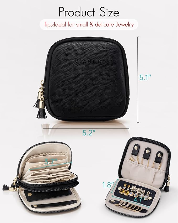 VLANDO Travel Jewelry Case,2-Layer Jewelry Organizer for Travel,Mothers Day Mom Gifts Teacher Gift,Multi-Compartment Jewelry Storage for Rings Earrings Necklaces Bracelets-Black