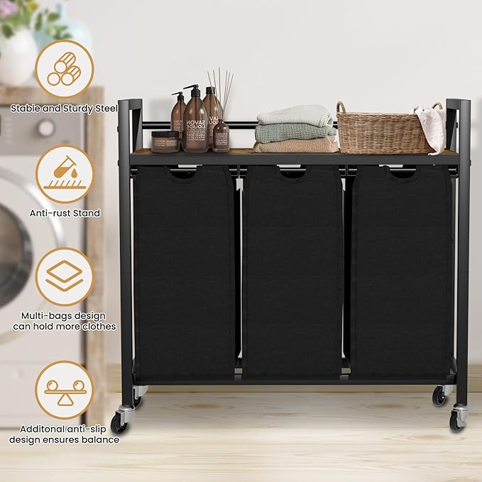SwaaVee Laundry Hamper, Laundry Basket, Laundry Sorter with 3 Removable Bags, Clothes Basket with 3 Compartments, Wheels, Shelf for Laundry Room Bathroom Bedroom (3 Bags-Black)