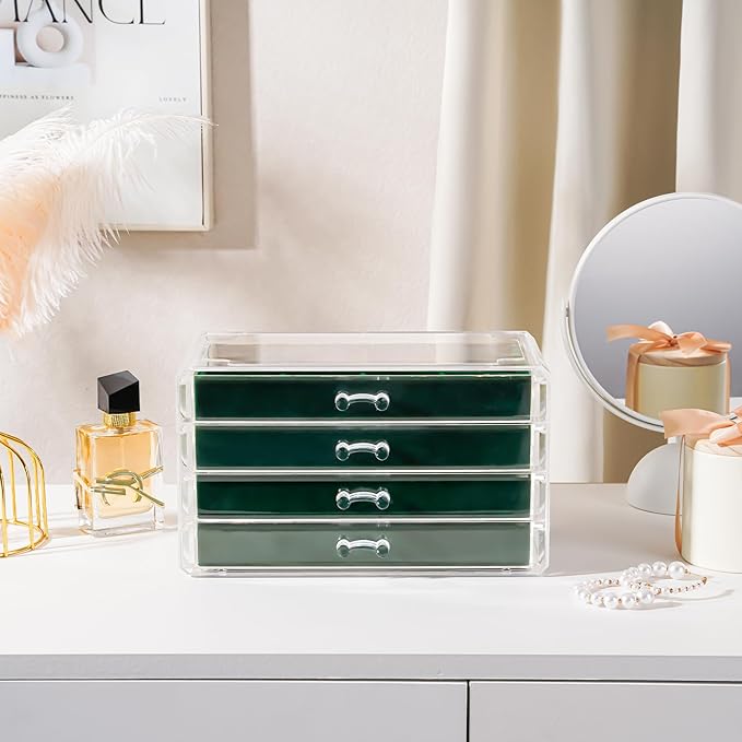 Lolalet Earring Holder Organizer Box Jewelry Storage with 4 Drawers, Clear Acrylic Stackable Earring Case with Adjustable Velvet Trays for Women on Dresser Vanity -Emerald, 4 Layers