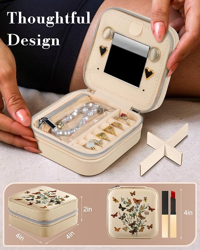 Bistup Travel Jewelry Case - Small Jewelry Organizers and Storage Box for Women Girls Teens Cute Traveling Jewelry Holder with Mirror Little Tiny Compact Flower Modern Unique Aesthetic Pretty