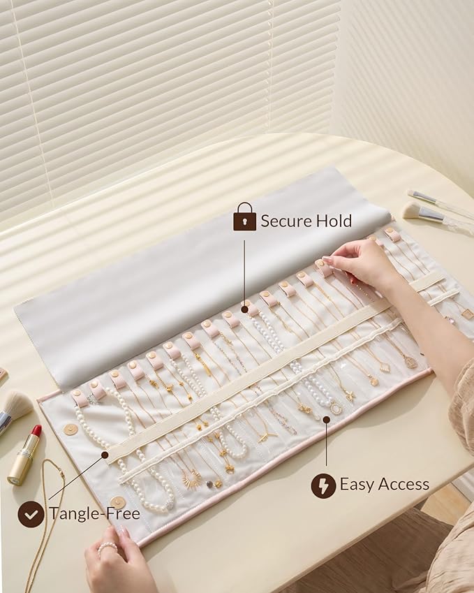 Lolalet Travel Necklace Organizer, Tangle-Free Necklace Case for Travel, Leather Foldable Roll Up Jewelry Storage Bag for Necklaces Chains Bracelets, Mothers Day Gift