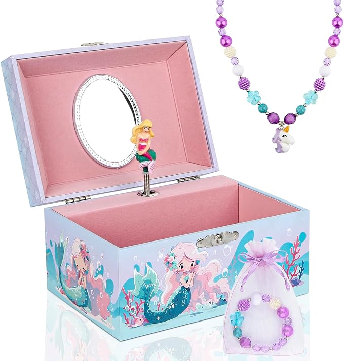 Girls' Musical Jewelry Box Organizer with Jewelry Set - blue ocean mermaid Theme, OVER THE WAVES Tune - Jewelry Storage and jewelry box for girls