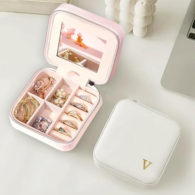 COLLECTIVE HOME - Travel Jewelry Case, Elegant Square Design with Gold Engraved Monogram, Built-in Mirror, Personalized Accessory Organizer for Rings, Necklaces, Gift for Women and Teens (v)