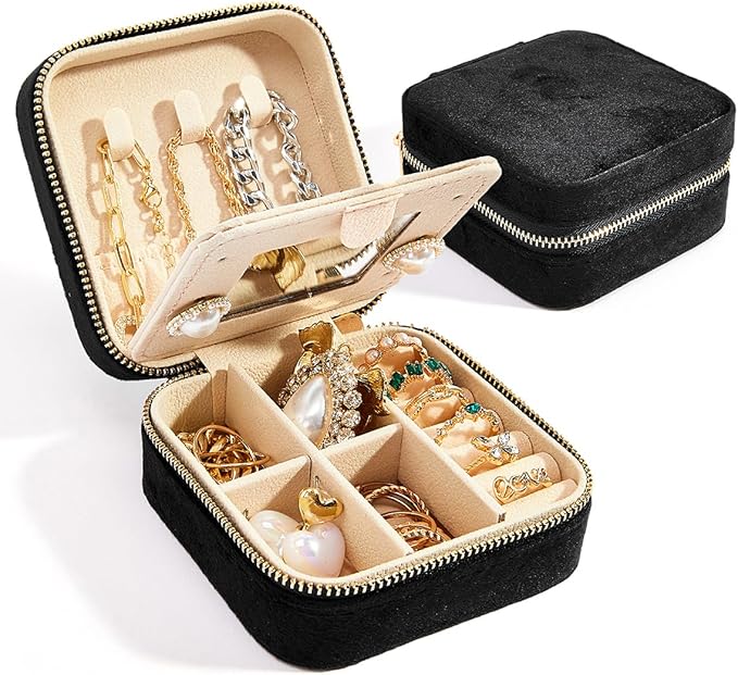 Travel Velvet Jewelry Box with Mirror, Mini Gifts Case for Women Girls, Small Portable Organizer Boxes for Rings Earrings Necklaces Bracelets (Black)