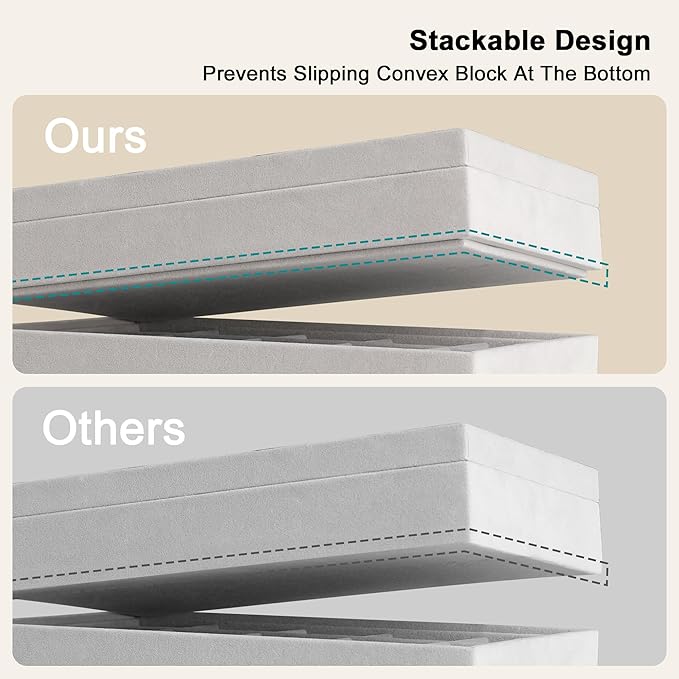 Frebeauty Earring Holder Stackable Jewelry Trays,Velvet Drawer Jewelry Organizer with Glass Lid, 5 in 1 Jewelry Box for Earrings Rings Studs,10.5 x 6.5 x 5.55 Inches Gift for Women (Grey)