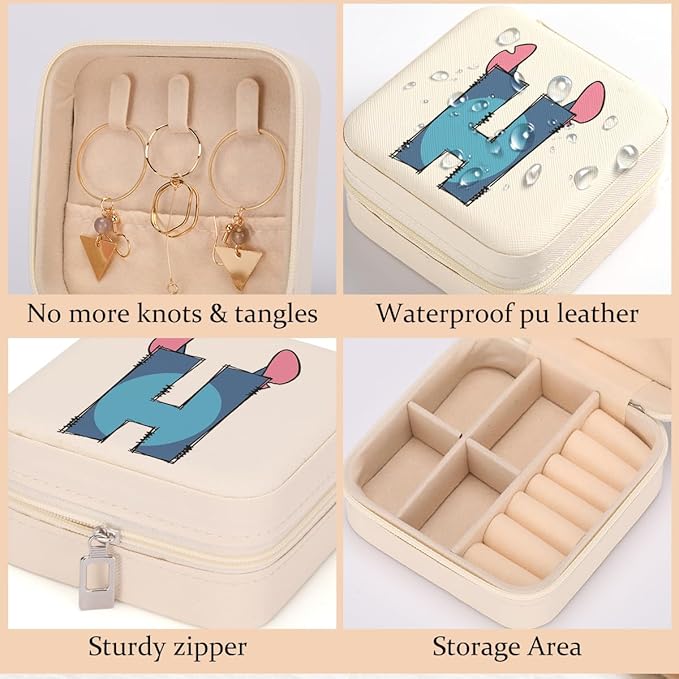 LONGXIN Cute Cartoon Gifts, Initial Travel Jewelry Case Small Jewelry Box Organizer, Personalized Gifts for Women Teen Girls, Birthday Christmas Gifts for Cartoon Lovers, Letter H