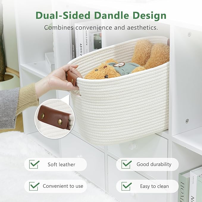 ECDYQXVU Cotton Rope Basket, Storage Baskets with Handle, 15x10x9 Inch Woven Basket for Shelves, Laundry, Towels, Clothes, Books (White 1Pack)