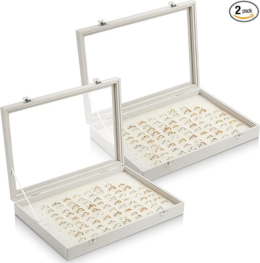 Yinkin 2 Pcs 100 Slots Ring Organizer Box with Transparent Glass Lid Necklace Display Tray Ring Case Velvet Jewelry Holder