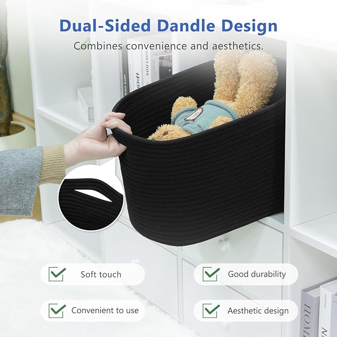 ECDYQXVU Cotton Rope Storage Basket, 15x10x9 Inches, Woven Basket for Shelves, Clothes, Towels, Books, and Laundry, Black (3 Pack)
