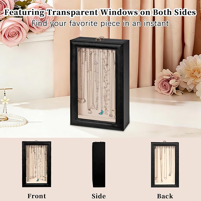 Necklace Organizer Box - 2-Layer Double-Sided Clear Lid Jewelry Storage Case, Anti-Tangle Necklaces Display Holder for Pendants Bracelets, Jewelry Organizer for Women Girls (Black)