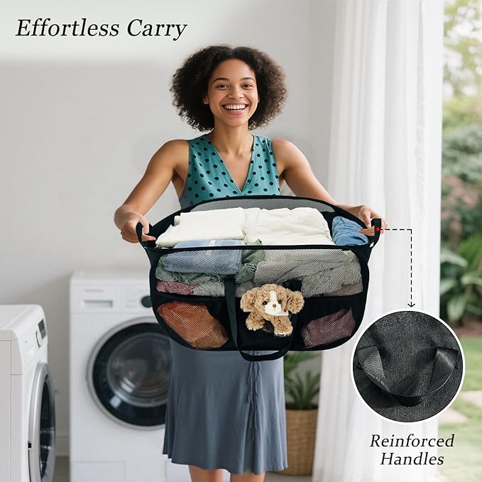 Upgraded Cationic XL Collapsible Laundry Baskets, 100L Extra Large Mesh Pop Up Hamper with Handles and bag, Portable Stair Basket, Dirty Clothes Hamper for Cruise Travel Bedroom. Black