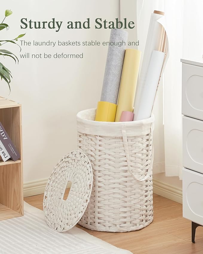 SETVSON Laundry Hamper with Lid Laundry Basket with Lid 19.0 Gal (72 L) Round Wicker Laundry Basket Handwoven Rattan Basket with Lid Removable Bag 2 Mesh Bags Handles for Living Room Bathroom White