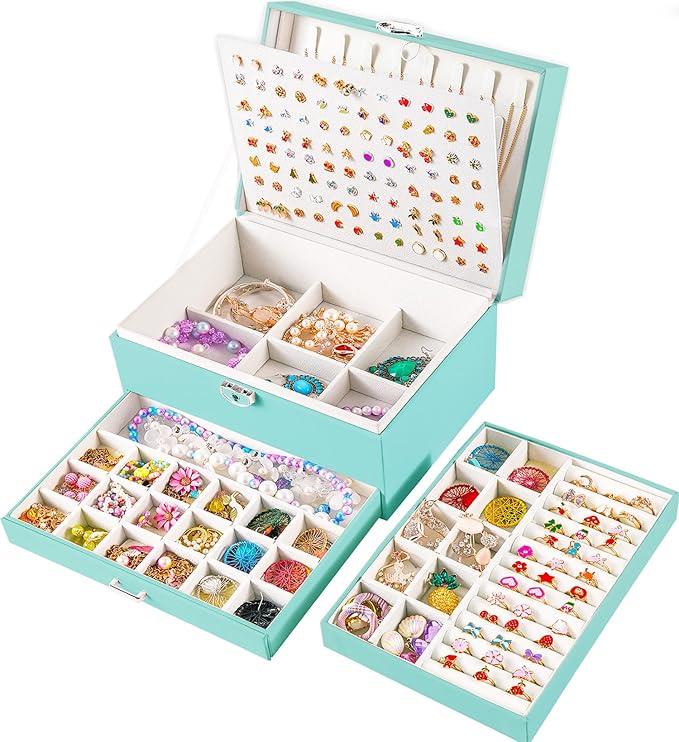 QBestry Earrings Jewelry Box for Girls, 5 Layers Jewelry Organizer with Earring Holder Organizer for Girls Earring Organizer Jewelry Boxes for Women Earrings and Necklaces Jewelry Box Organizer Teal
