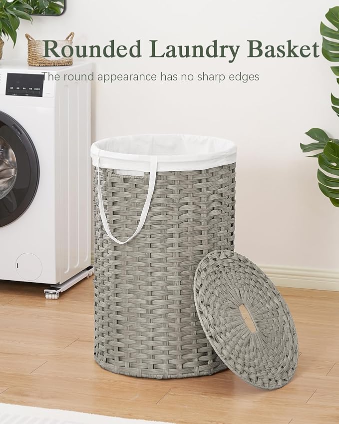 SETVSON Large Laundry Hamper Laundry Basket Round 34.3 Gal (130 L) Handwoven Wicker Laundry Baskets Rattan Laundry Basket with Laundry Bag Handles 2 Mesh Bags for Living Room Bedroom Gray