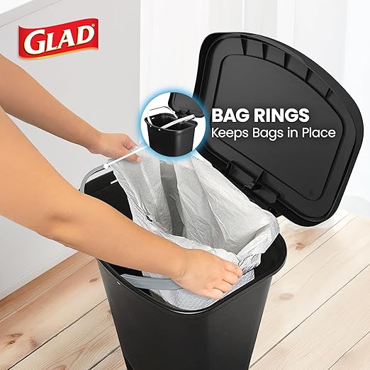 Glad 13 Gallon Trash Can | Plastic Kitchen Waste Bin with Odor Protection of Lid | Hands Free with Step On Foot Pedal and Garbage Bag Rings, Black
