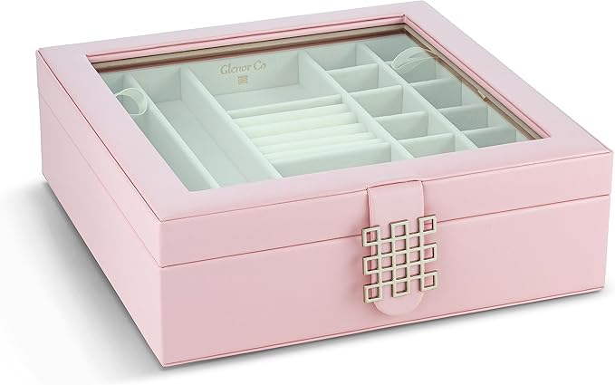 Glenor Co 28 Section Jewelry Box - 2 Layer & Buckle Magnet Closure - Large Glass Top - Leather Design - Soft Pink - Jewelry Organizer for Women & Girls - for Earring Ring Necklace & Bracelet
