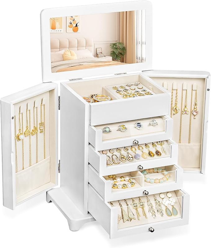 Large Jewelry Box & Organizer for Women, Wooden Jewelry Storage with 4 Transparent Drawers, Holds Necklaces, Rings, Bracelets, Earrings and Watches(White)