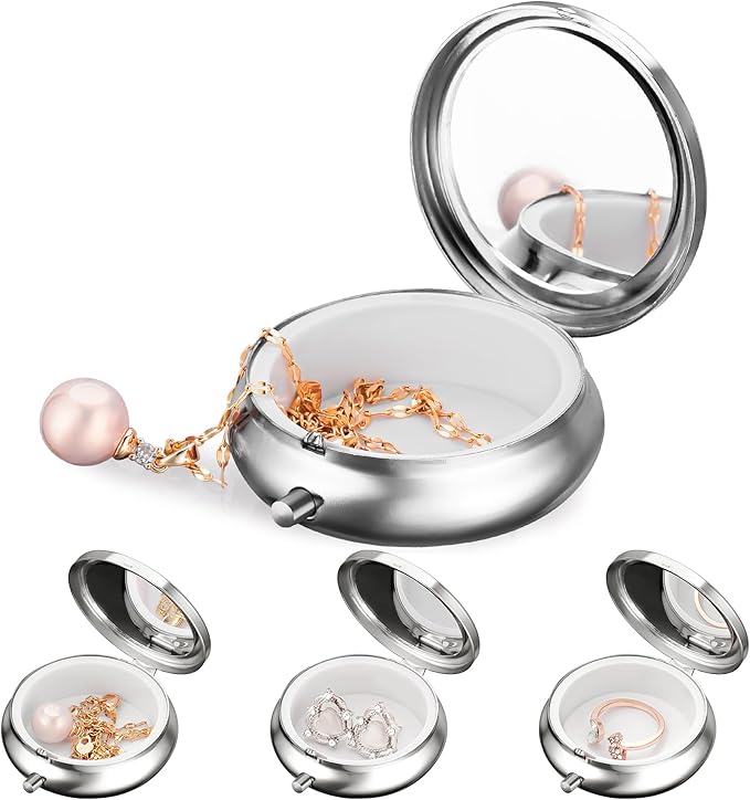 Mini Travel Jewelry Box with Built-In Mirror, Ultra-Portable Jewelry Holder for Rings, Necklaces, Earrings, Pills, Tea Bags, Small Accessories, Press-to-Open Multifunctional Storage (Silver)