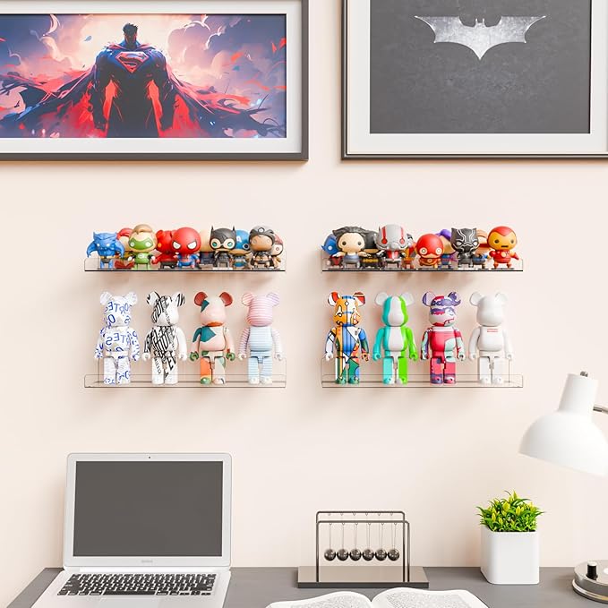 Yieach 2 Pack 15" Acrylic Shelves for Wall,Bathroom,Bedroom - with Adhesive - No Drilling Clear Floating Shelves for Funko Pop,Lego,Action Figures,Nail Polish,Perfume Shelf and Wall Storage & Display